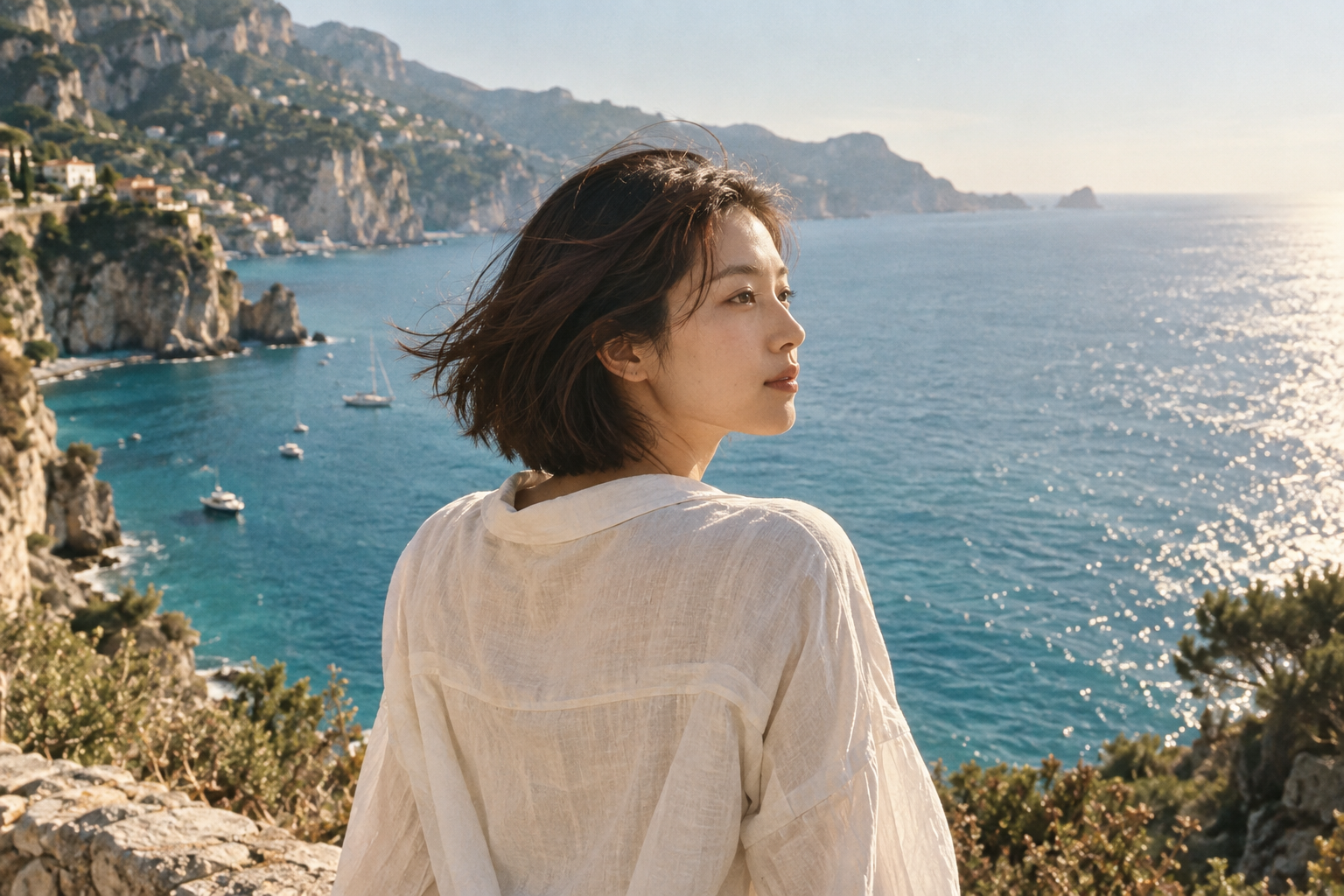 Cinematic portrait of a woman in a coastal breeze