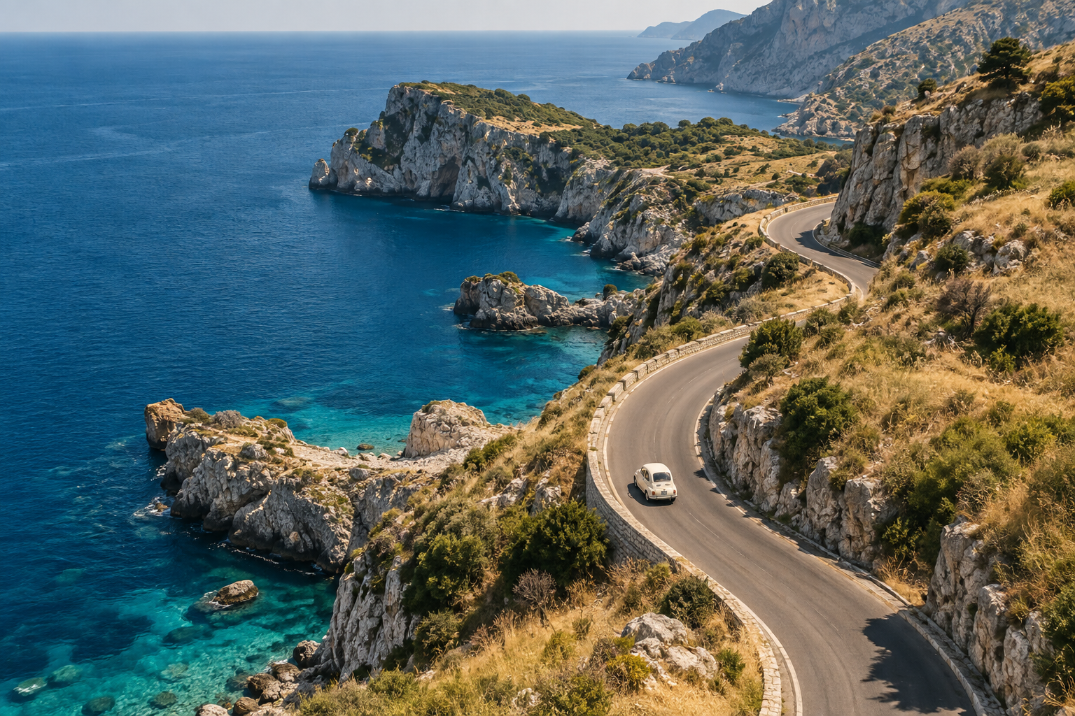 A winding road following the coastline