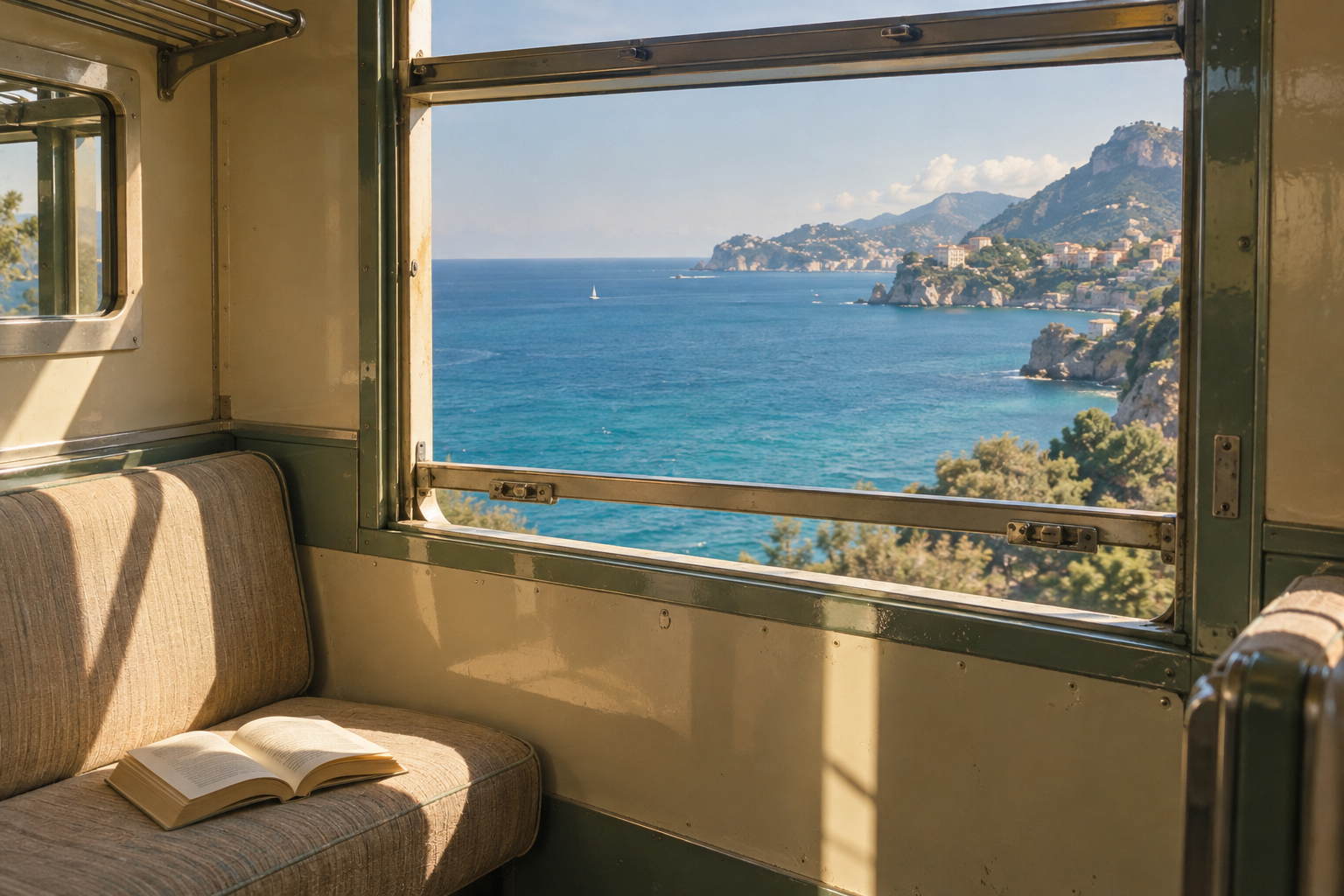 Sunlit ocean view from a vintage train