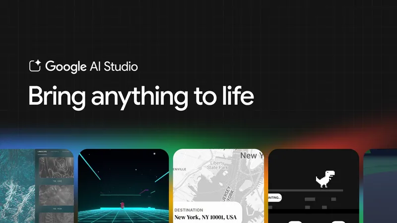 A dark screen with white text saying Google AI Studio: Bring anything to life. Underneath, the top half of five phone screens shows different Google app experiences