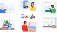 Google Images logo surrounded by illustrations of people searching for different images