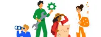 Four illustrated characters representing different professional roles, including a scientist, technician, explorer, and observer.