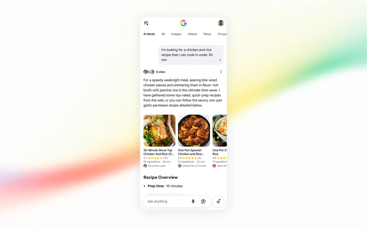AI Mode showing how it's easier to discover dishes from recipe creators