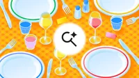 An illustrated black magnifying glass with a sparkle in a white circle surrounded by a dinner party tablescape