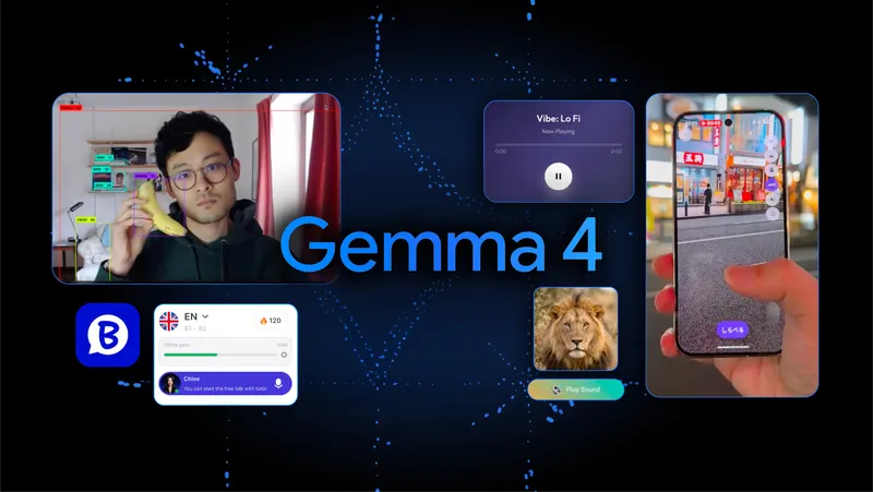 Text saying Gemma 4 is in the center with photos surrounding of a piano, lion, music, a person, and an English tutoring app interface