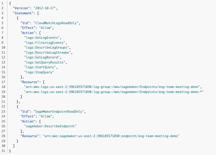 IAM console View JSON view showing the complete, fully scoped delegation policy with explicit resource ARNs