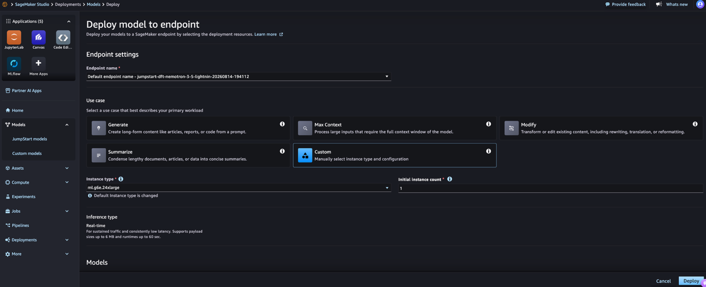 SageMaker JumpStart deployment settings with an instance type selected