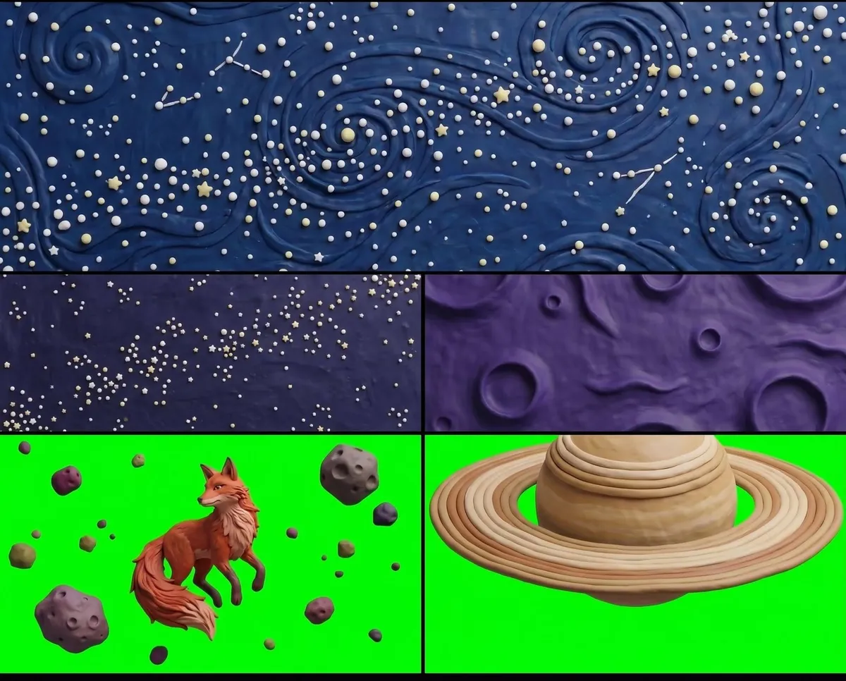 Sprite sheet showing various images including a fox and Saturn against a lime green background