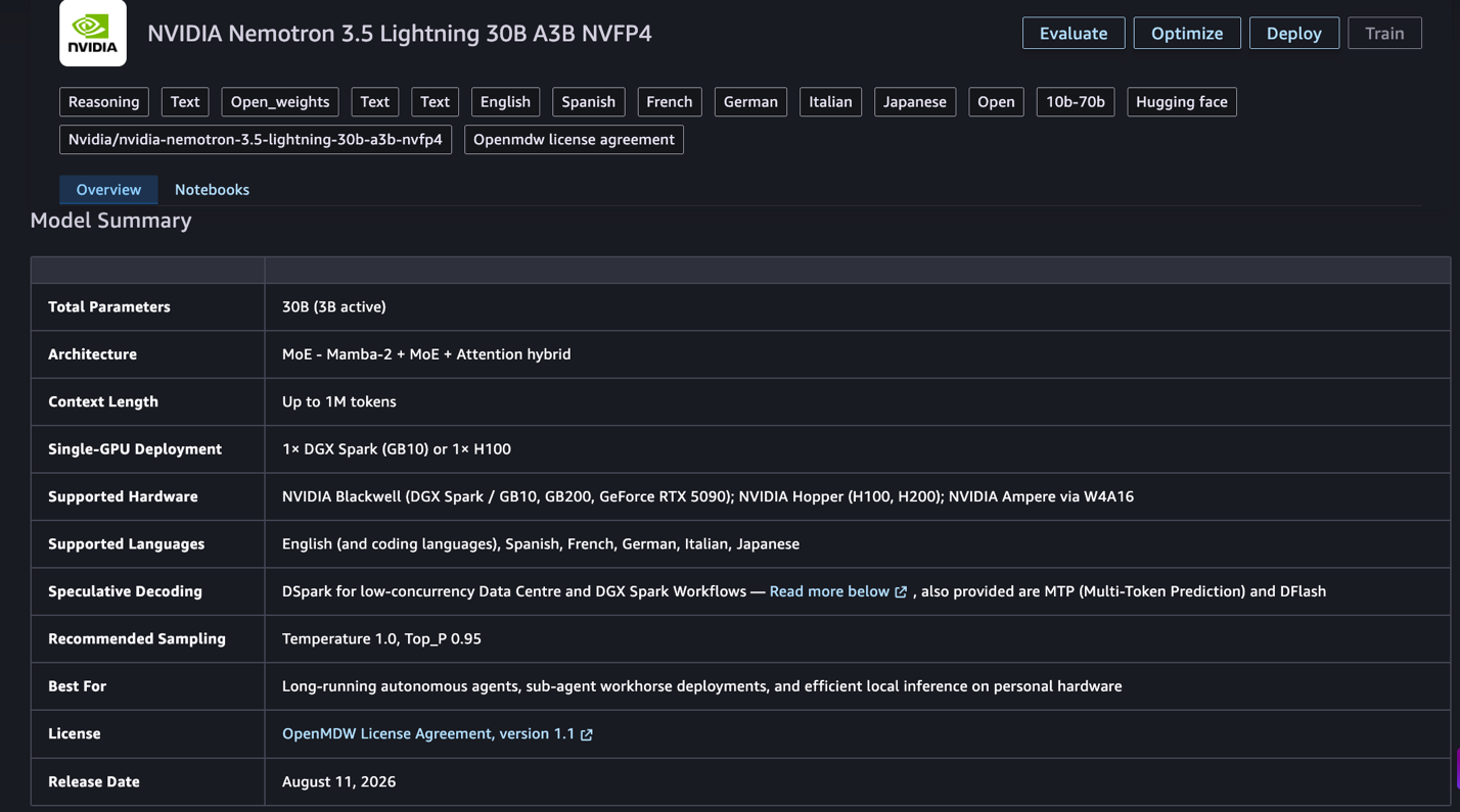 Additional Nemotron 3.5 Lightning model card details in SageMaker JumpStart