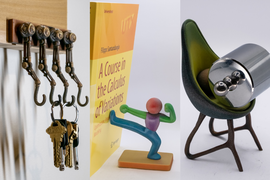 A golden keyholder; a bookend in the shape of a kung fu fighter; and a small bucket chair resembling an avocado with a metal cylinder on it.