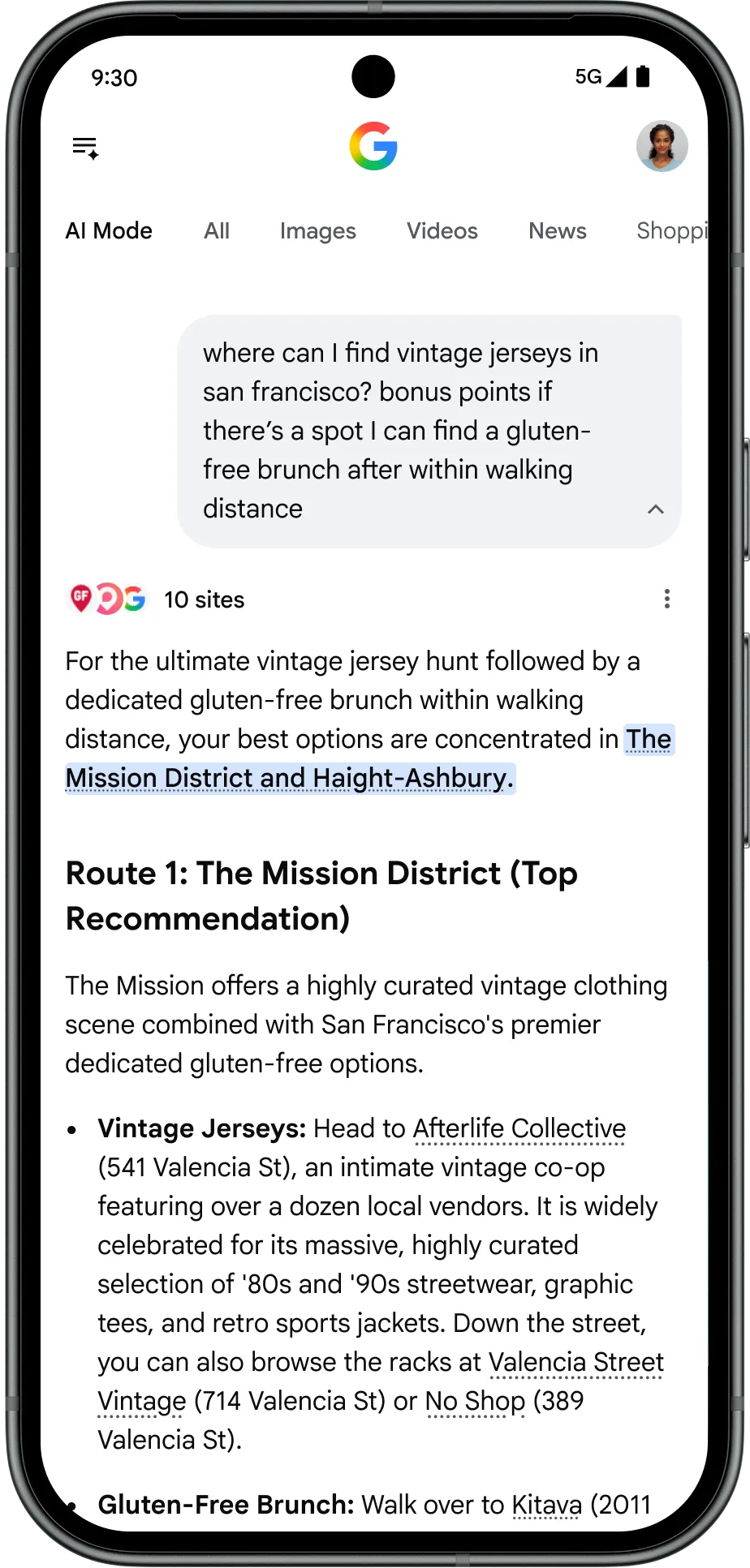 A pixel phone displaying AI Mode in Search. A text query in a speech bubble reads, "where can I find vintage jerseys in san francisco? bonus points if there’s a spot I can find a gluten-free brunch after within walking distance". Below the query, an AI-generated response highlights top recommendations.