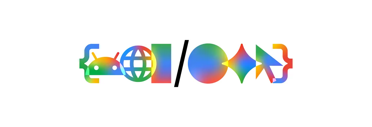 The words I/O surrounded by related icons, all in rainbow colors, against a white background
