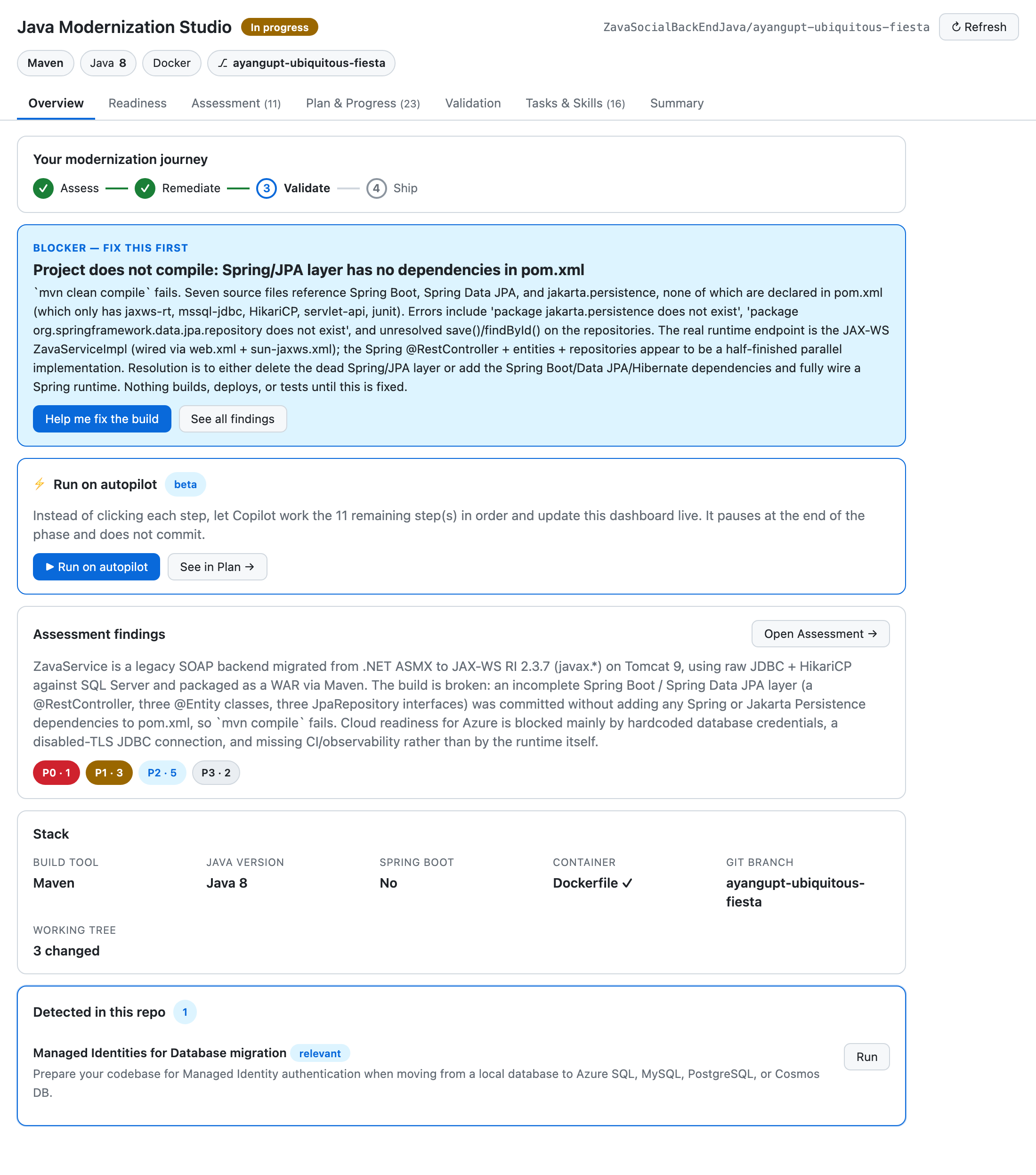 The Java Modernization Studio canvas Overview tab, showing the modernization journey (Assess, Remediate, Validate, Ship), a compile-blocker card, a Run on autopilot option, assessment findings with P0–P3 severity counts, and the detected stack.