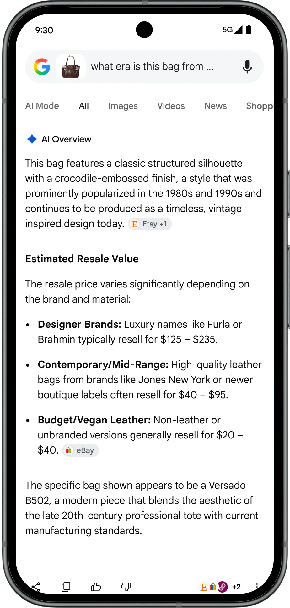 A Pixel device displaying the results for a Lens query about a brown leather bag. The search bar contains a small thumbnail of a brown, crocodile-embossed handbag alongside the text query, "what era is this bag from ...". Below the search bar, an AI Overview section states that the bag features a classic structured silhouette with a crocodile-embossed finish popular in the 1980s and 1990s. The overview includes a section titled "Estimated Resale Value" with bullet points detailing price ranges for designer, contemporary, and budget brands.