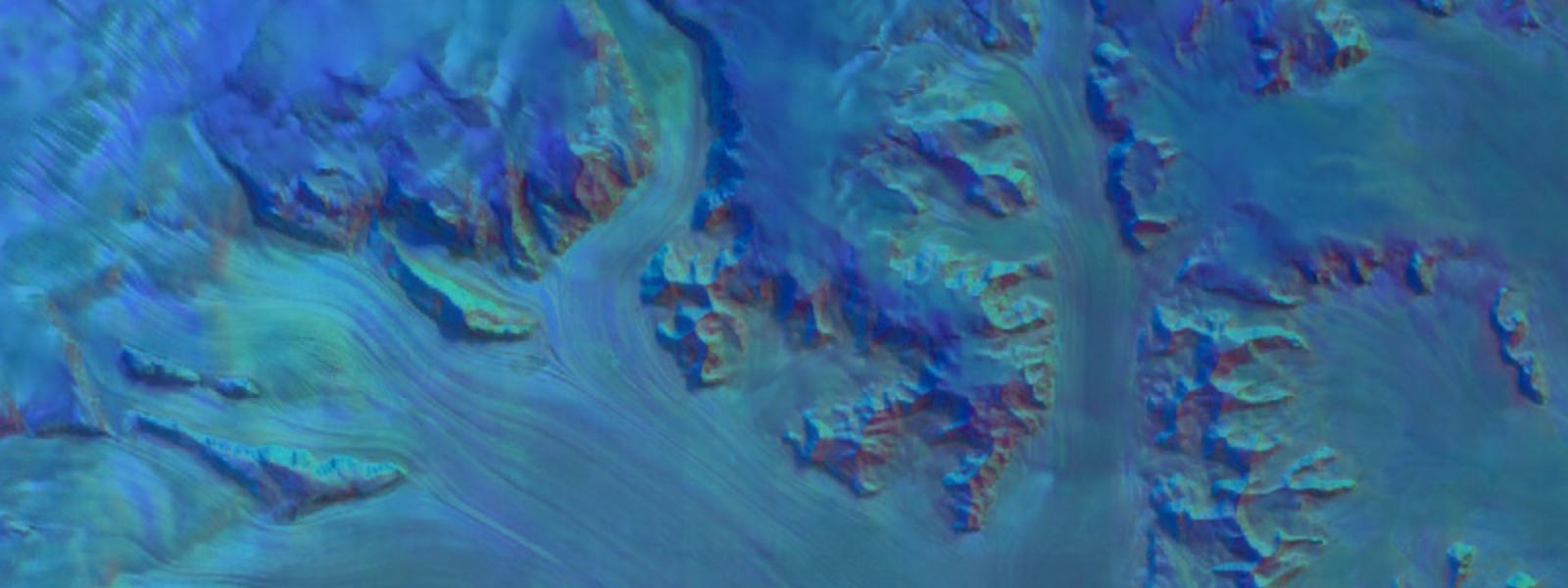 A multi-colored, highly detailed geospatial embedding visualization displaying a satellite view of land, forest tracts, and a winding river.