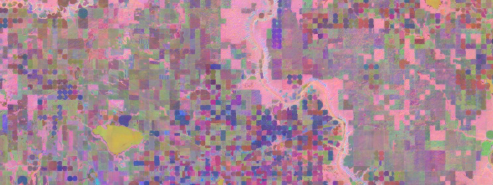 A multi-colored, highly detailed geospatial embedding visualization displaying a satellite view of land, forest tracts, and a winding river.