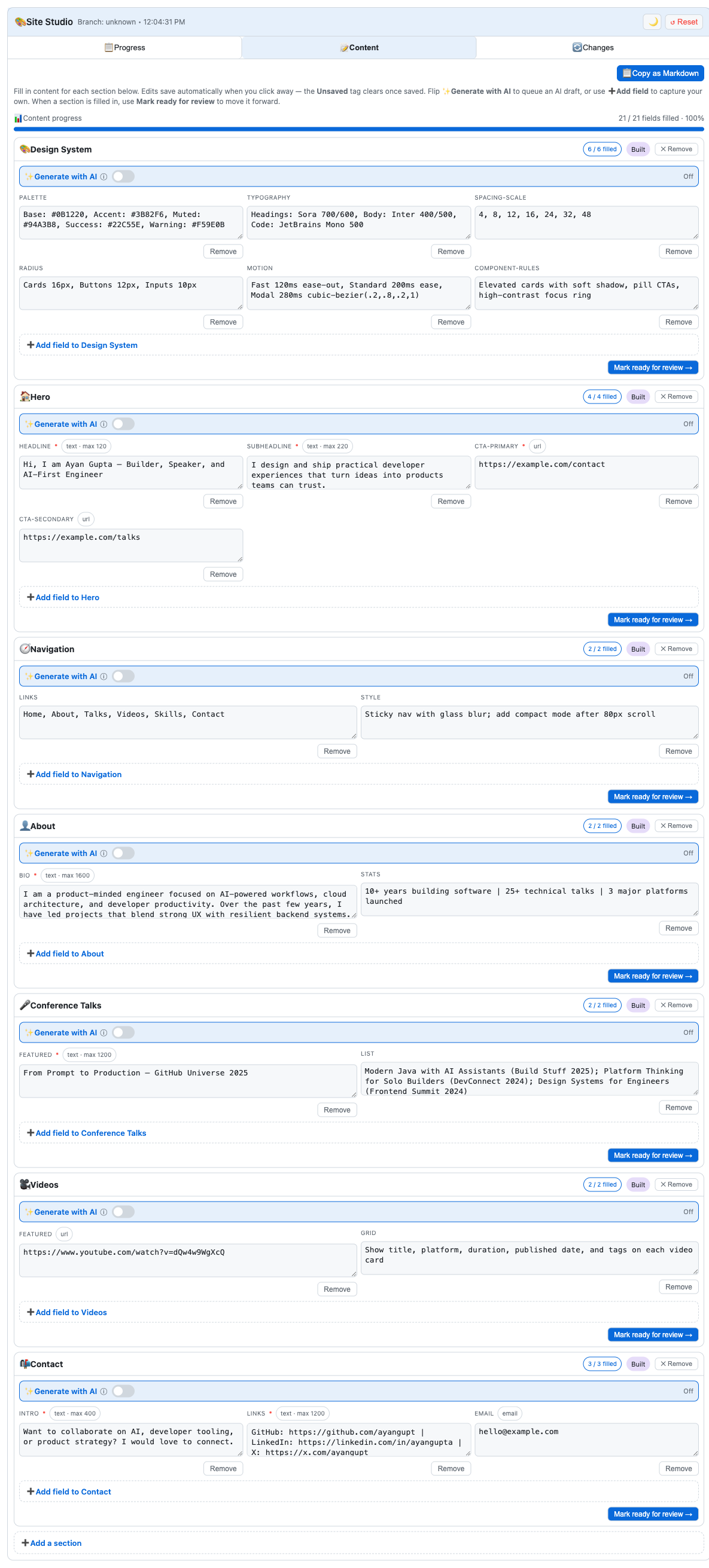 The Site Studio canvas Content tab at 100% completion, with editable sections — Design System, Hero, Navigation, About, Conference Talks, Videos, and Contact — each showing filled fields and a Mark ready for review action.