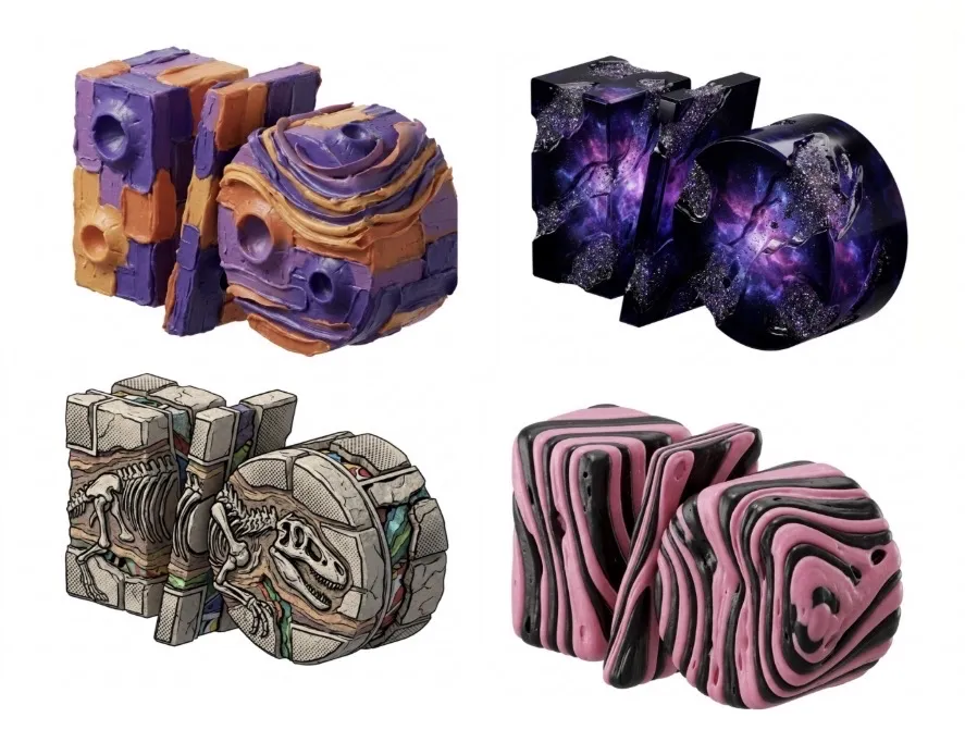 Four 3D I/O stickers in different patterns, including a black and purple galactic pattern