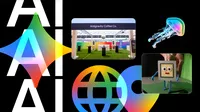 A collage of I/O-related images, including the Antigravity Coffee Co. pop-up, a colorful jellyfish and a still from the Timmy TPU video. The word AI repeats three times on the left of the image, and there are colorful icons, including a sparkle, as well.