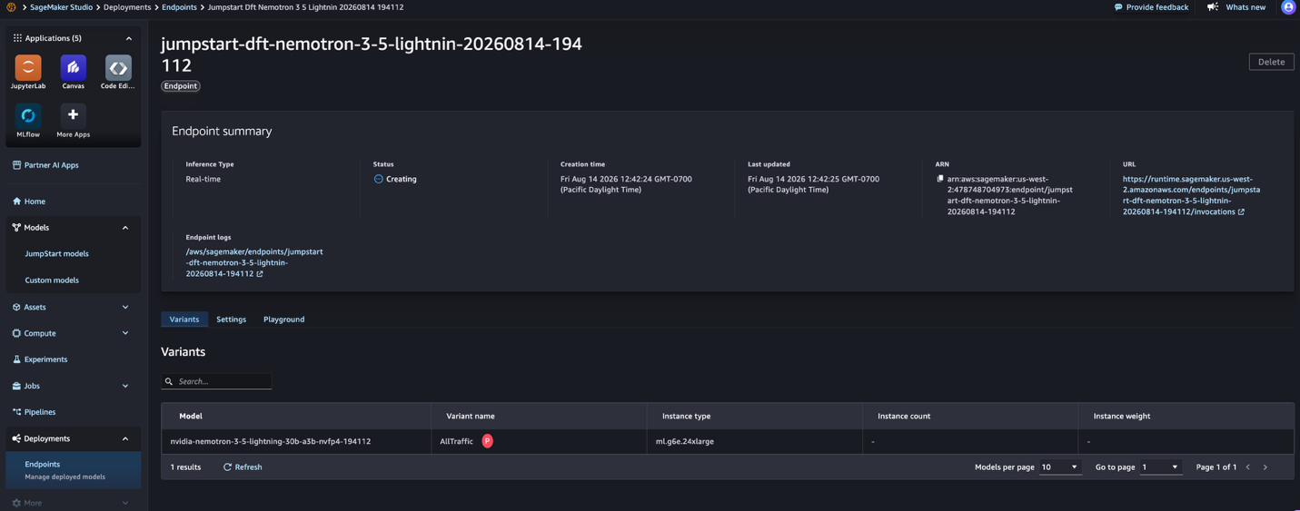SageMaker endpoint status page showing the endpoint InService