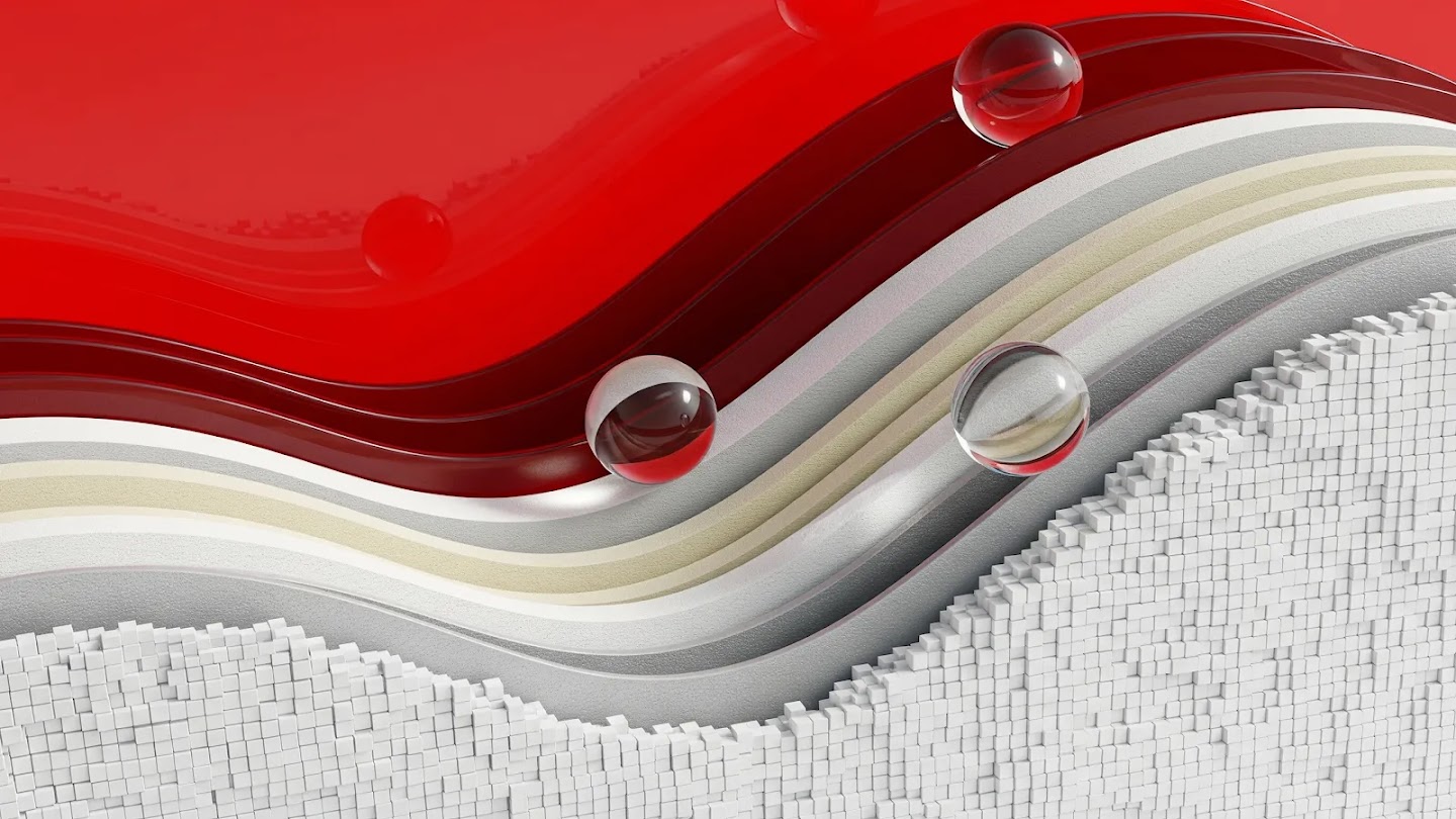 An abstract digital illustration representing technology and innovation, featuring layered, undulating bands of red, beige, and metallic silver, accented by floating glass spheres and a grid of small white blocks.