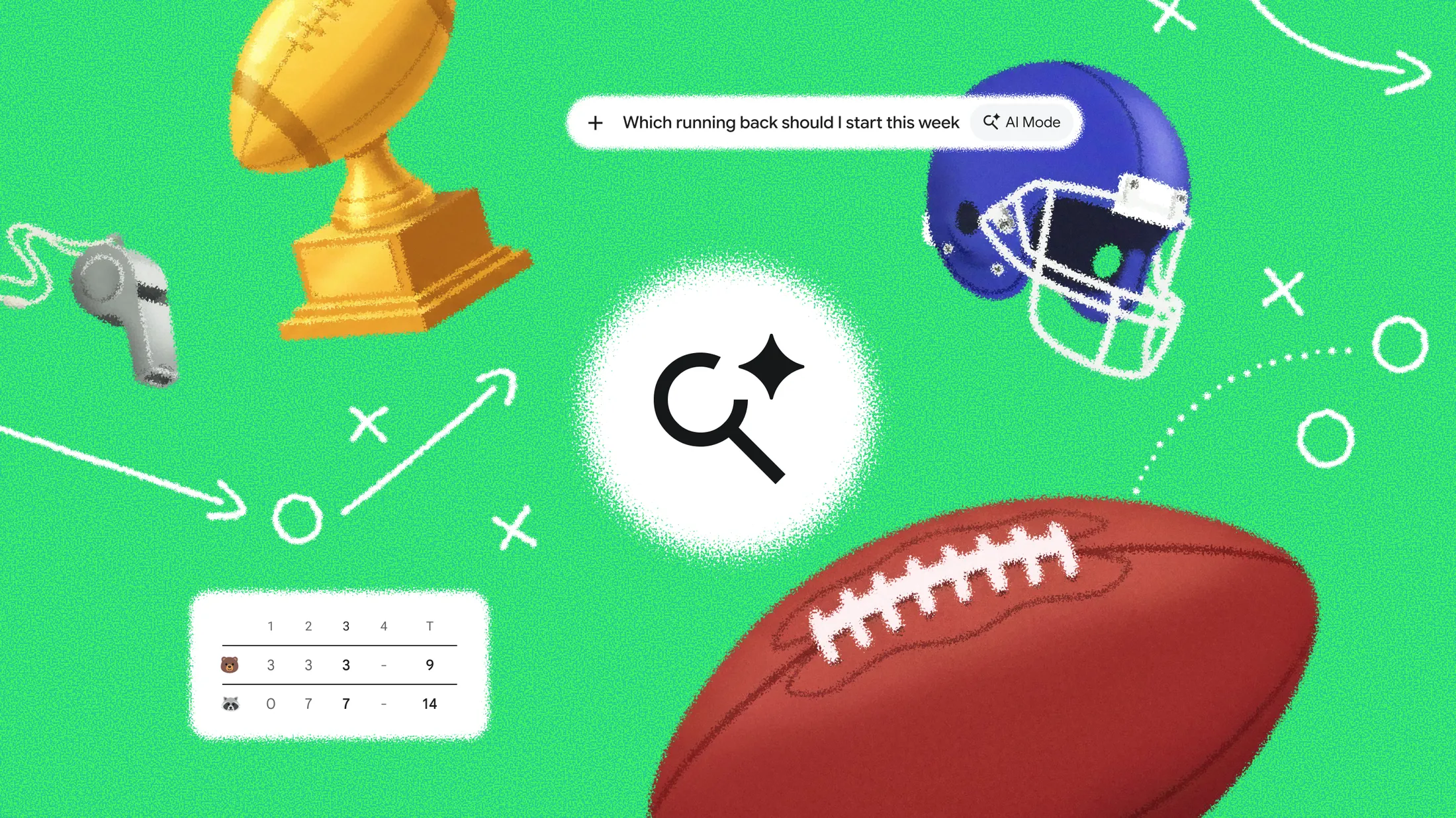 An illustrated graphic set against a vibrant green background featuring American football elements, including a gold trophy, a blue helmet, a silver whistle, a football, a mini scoreboard, and play diagrams, with the icon for AI Mode in Google Search in t