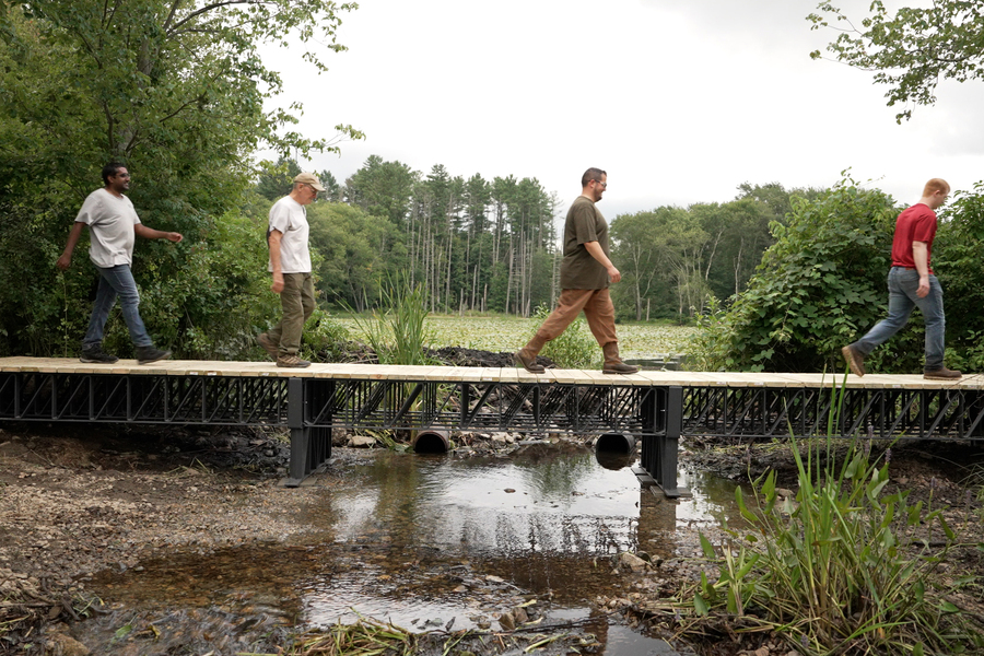 Four people walk across a 3-D printed bridge in a wetland.