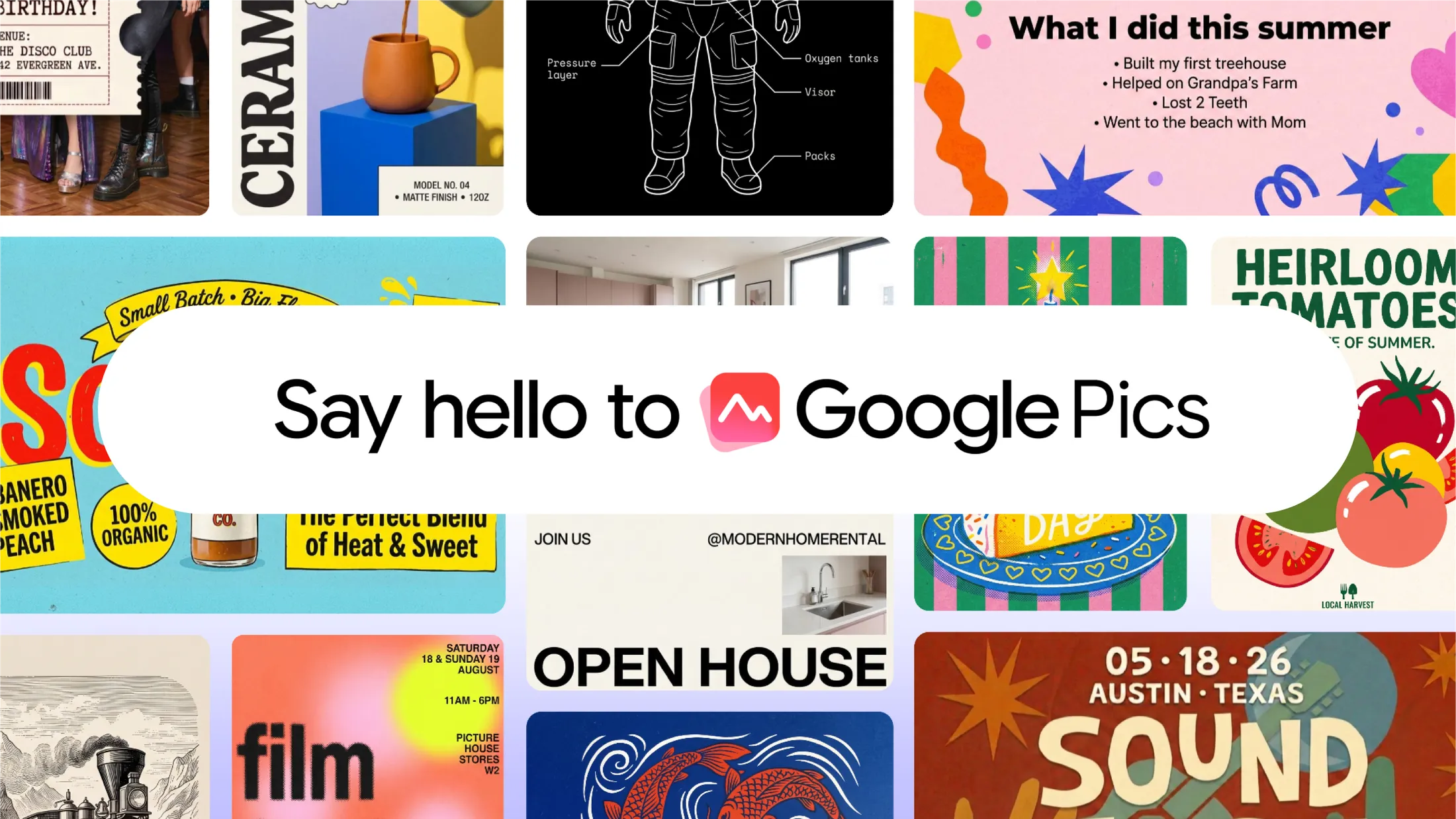 Collage of images created by Google Pics, with the text "Say hello to Google Pics" on top