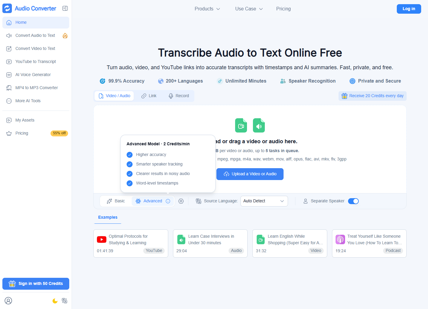 Audio Converter AI upload workspace with audio and video input, language selection and speaker separation controls