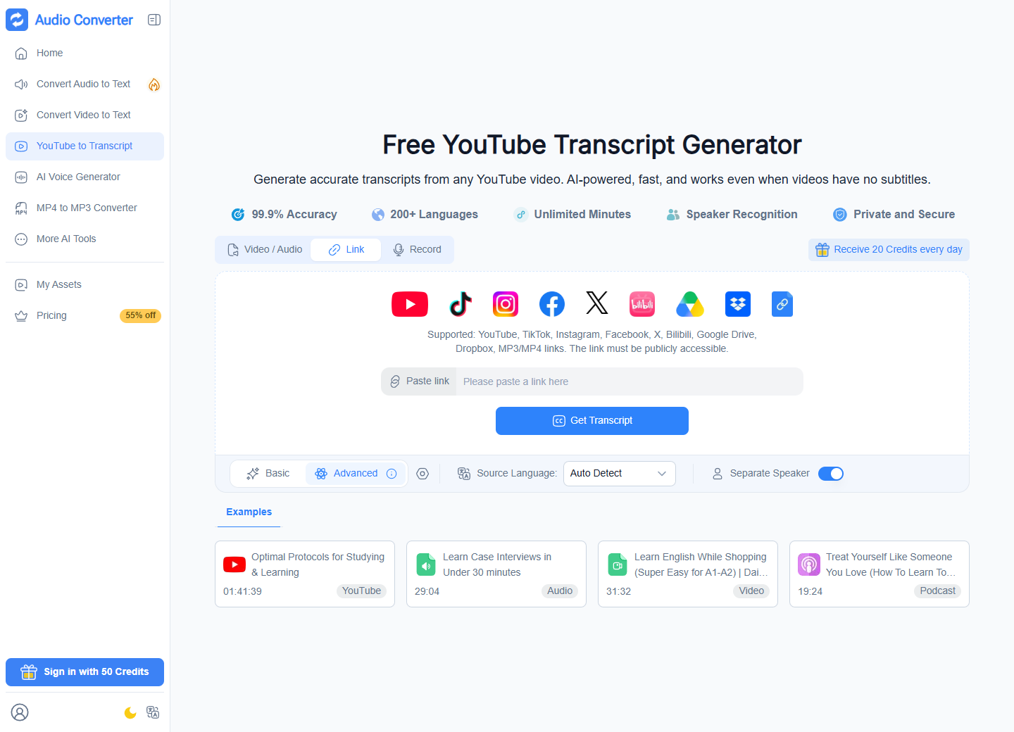 Audio Converter AI YouTube transcript interface with a public-link field and Get Transcript button