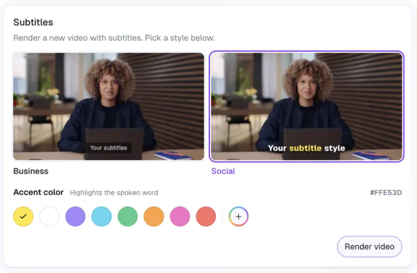 Dubly.AI subtitle style picker with Business and Social layouts and accent colors
