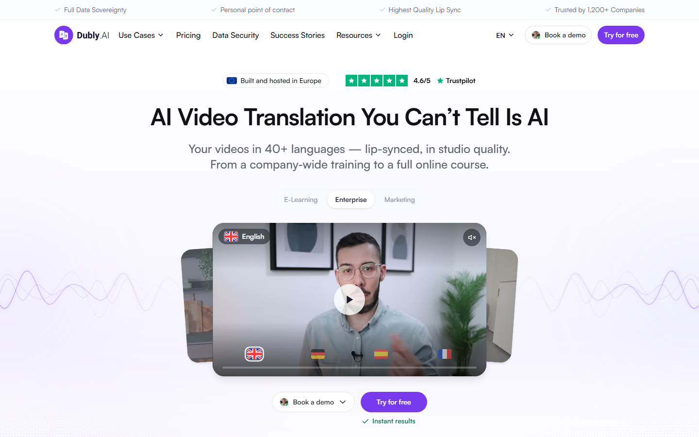 Dubly.AI homepage showing its video translation and lip-sync product