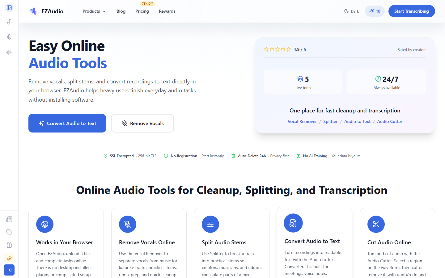 EZAudio homepage listing browser tools for cleanup, splitting, transcription, and cutting