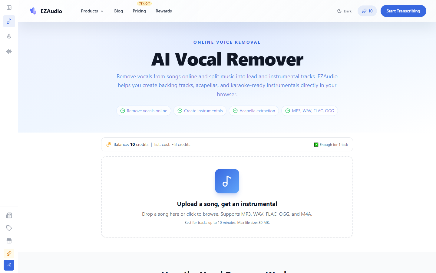 EZAudio Vocal Remover upload screen with formats, file limit, and credit estimate