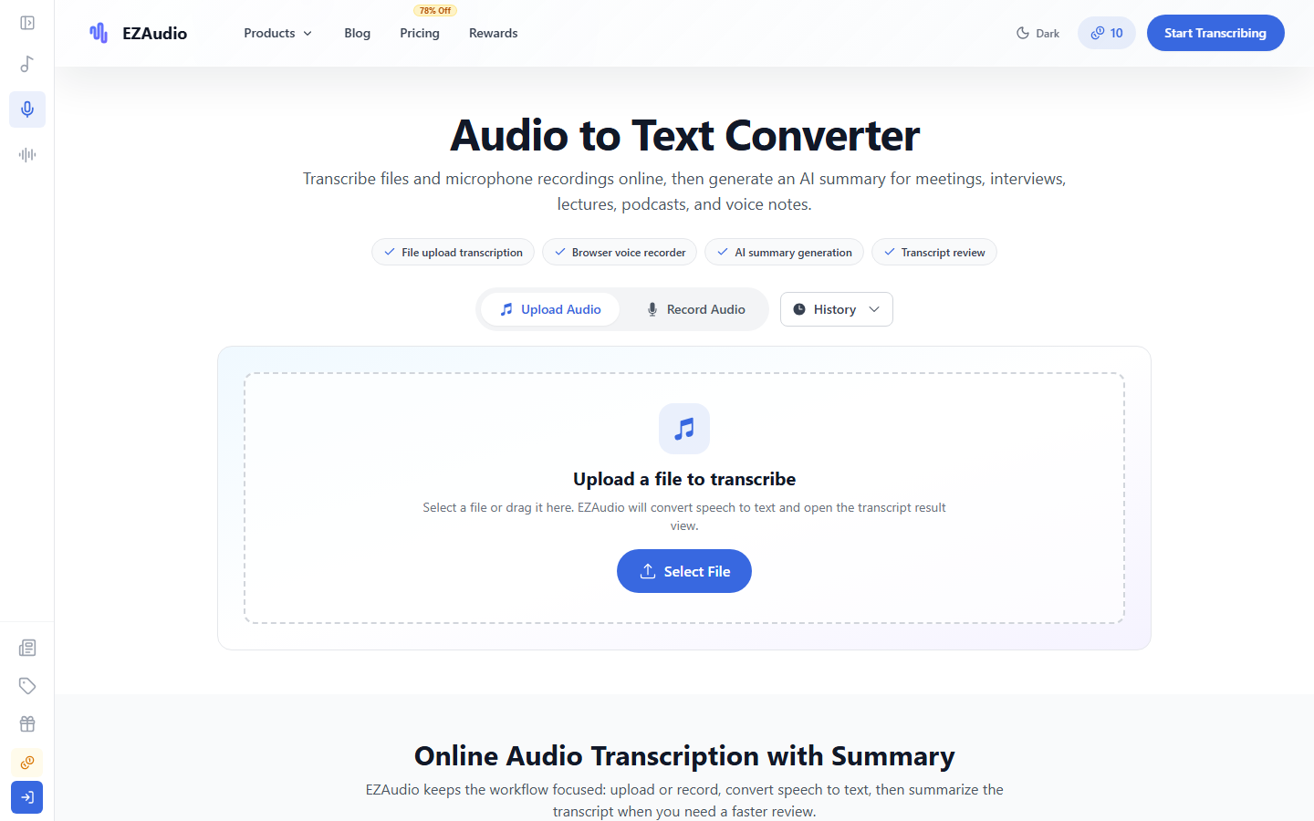 EZAudio Audio to Text page with upload, browser recording, history, and summary options