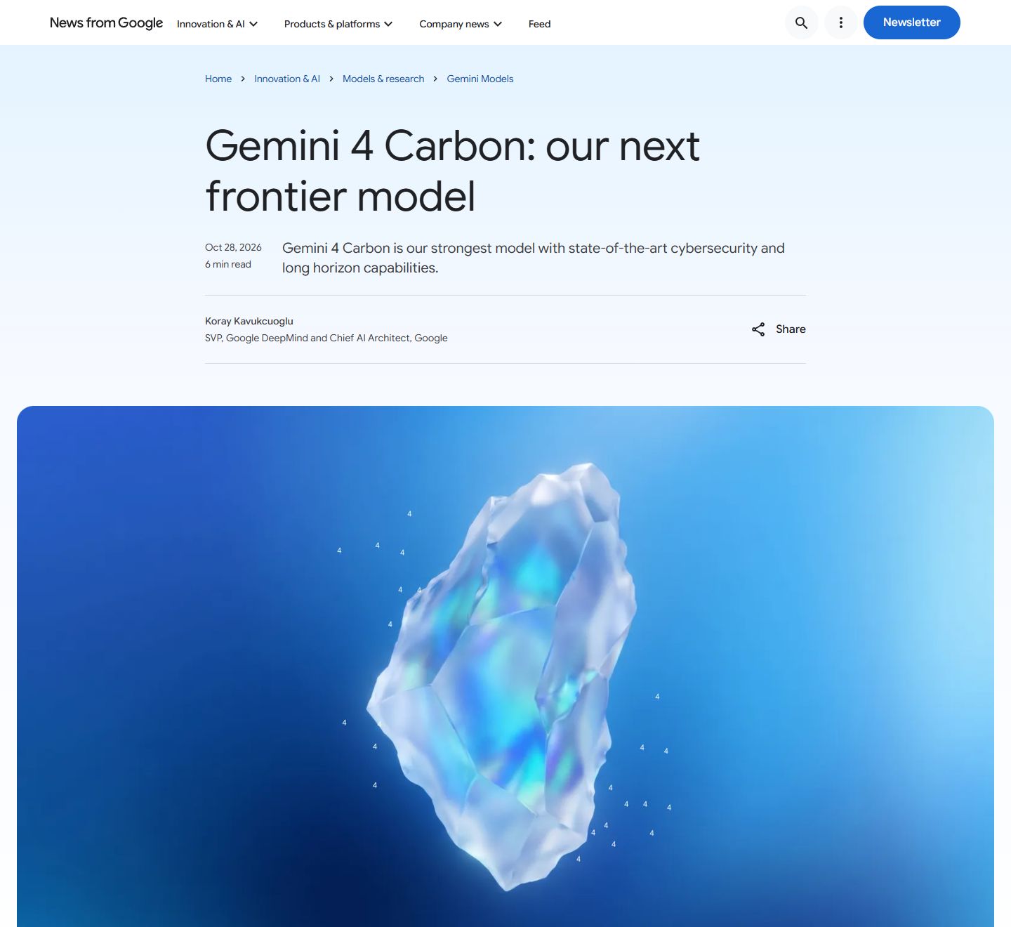 Original browser screenshot of Google's Gemini 4 Carbon announcement, showing its title, author and publication date