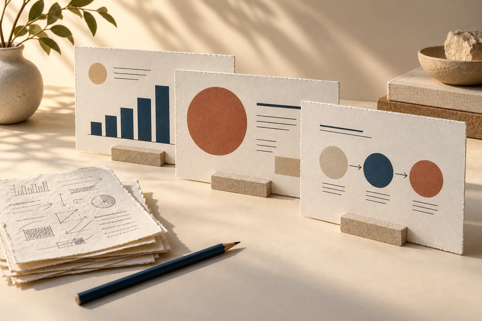 Paper presentation panels with a chart and process, illustrating notes becoming clear ideas