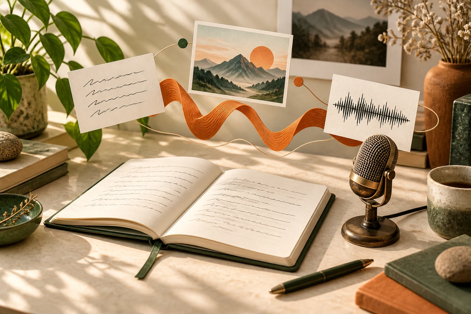 Creative illustration of a desktop bringing together writing, image and audio ideas