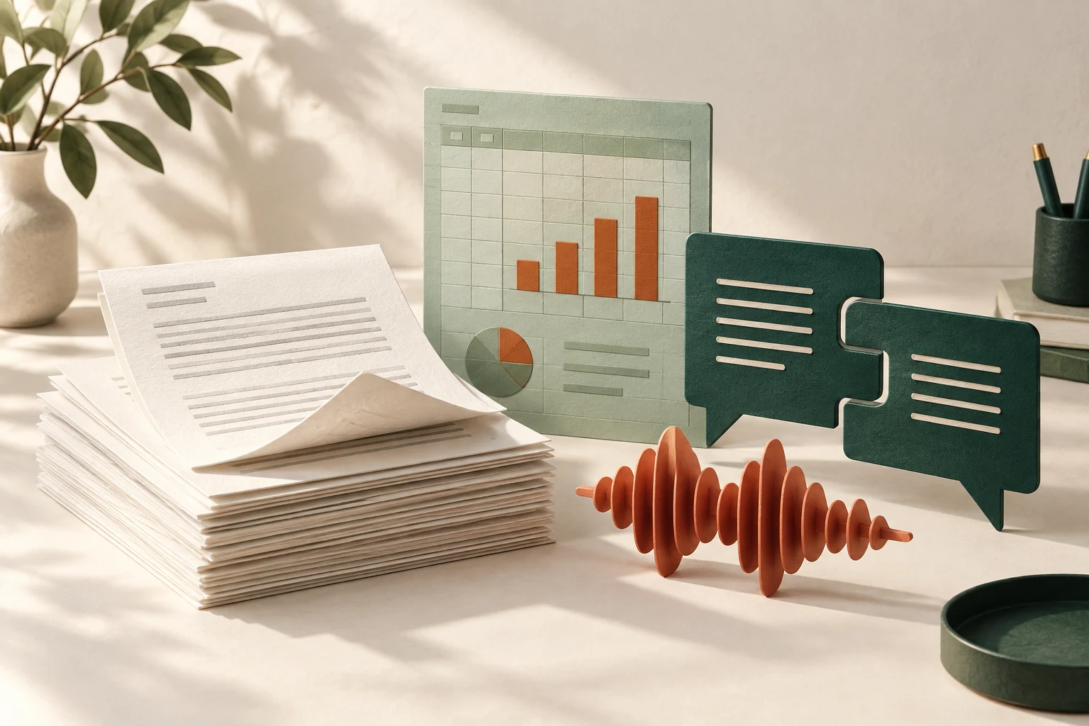 Editorial paper sculpture of documents, a spreadsheet, an audio waveform, and translation panels
