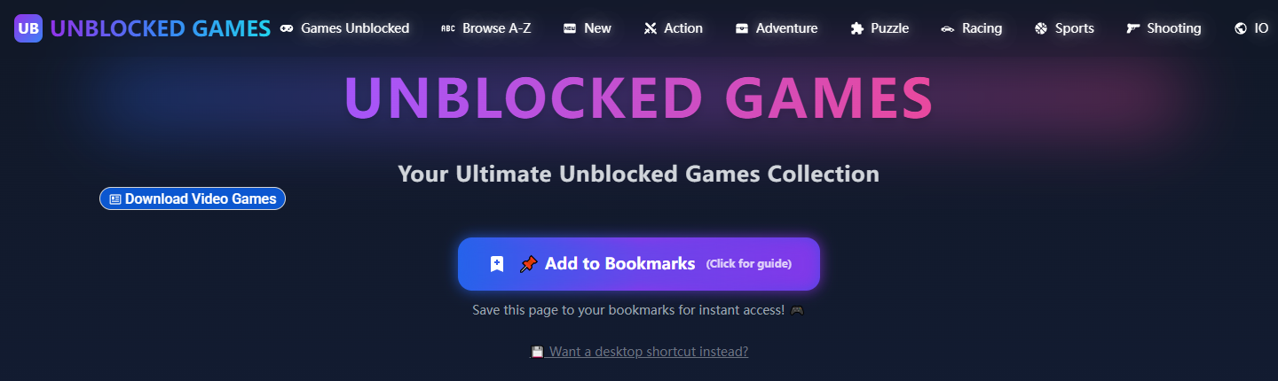 unblockedgames.im上部に並ぶBrowse A-Z、New、Puzzleなどのナビゲーション